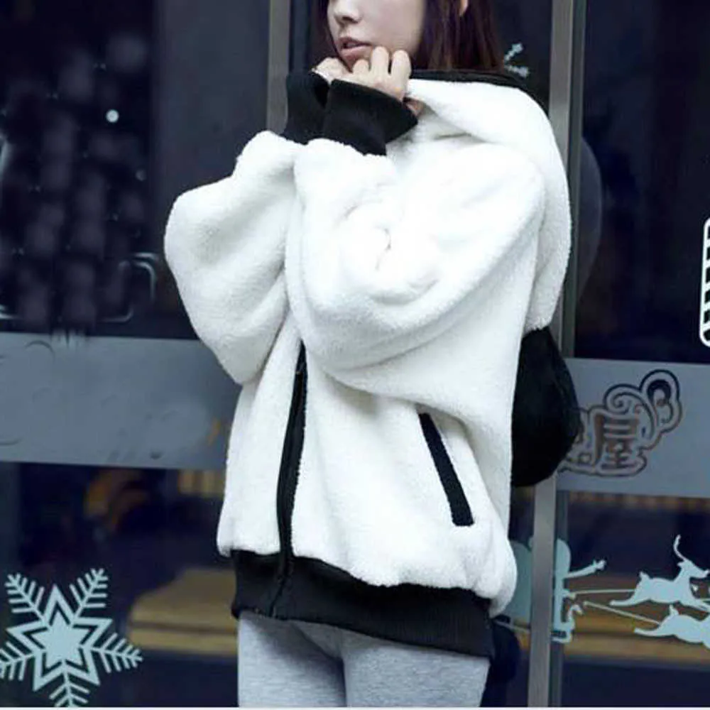 Linda sudadera con capucha lindo oso oreja panda chaqueta de invierno animal damas chaqueta con capucha femenina sudadera en blanco y negro 210712