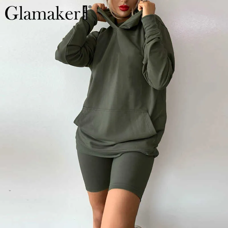 Glamaker Ensembles de costume à manches longues Femmes Sweat à capuche et short de motard 2 pièces Ensemble Mode Solide Automne Co Ord Sweat Costumes 2020 Y0625