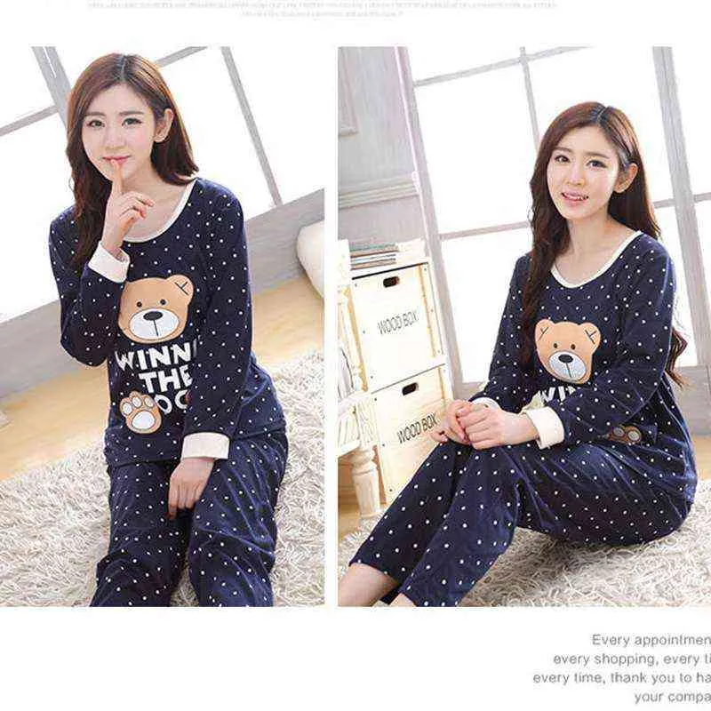 Frauen Nachtwäsche Sexy Cartoon Print Langarm Pyjama Set Plus Größe Hause Kleidung Top + Longpant 211105