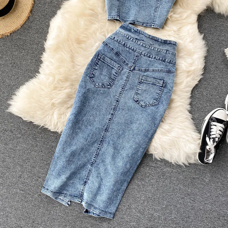 Women Denim Two Piece Sets Summer Sexy V-neck Crop Tops and Midi Wrap Skirts Outfits Woman Street Style Jeans Suits 210525