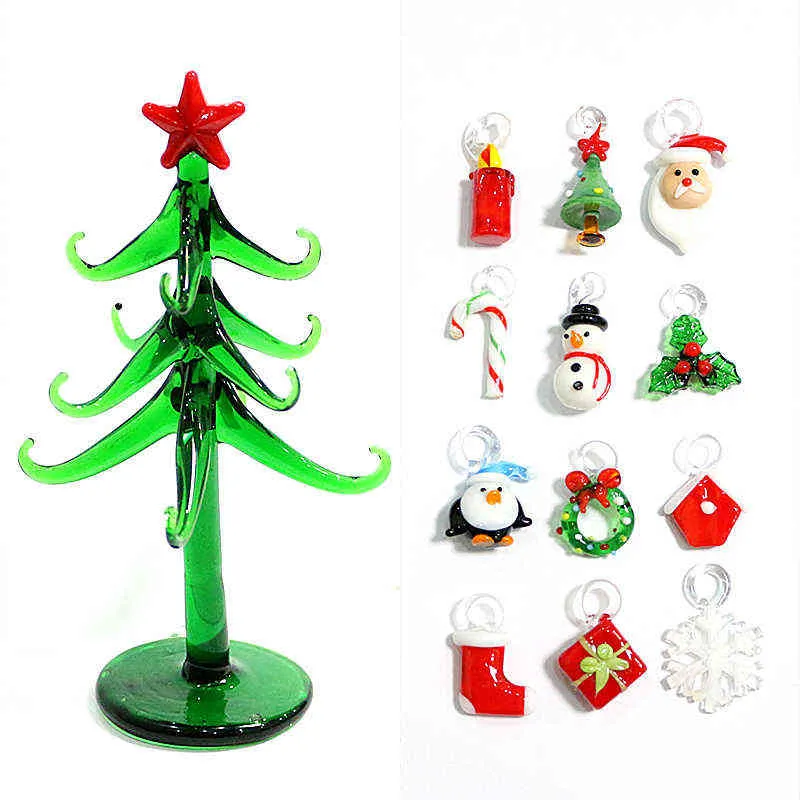 Murano Glass Plant Crafts Figurines Ornaments Home Decor Simulation Christmas Tree Small Sculpture With 12 Pendant Accessories 211108