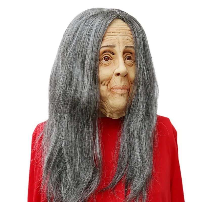 Straszne stare kobiety cosplay maska ​​lateks z włosami fantazyjna sukienka babci Halloween maski dla dorosłych jeden rozmiar