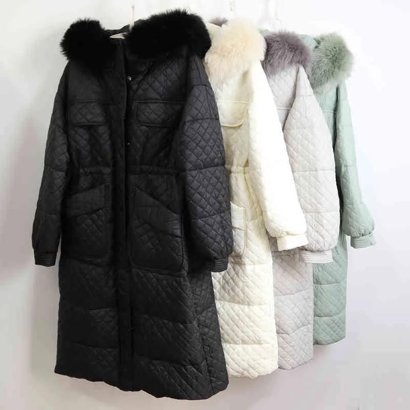90% manteau en duvet de canard blanc longue fourrure à capuche losange motif Parka Argyle Plaid bulle veste neige Outwear 210510