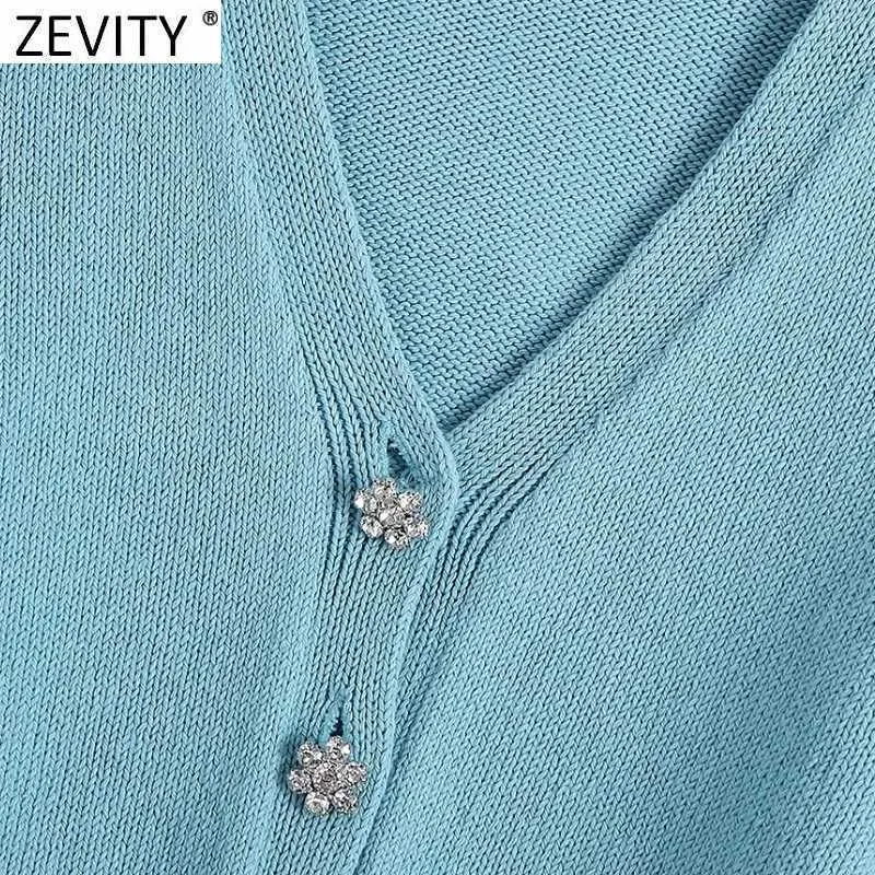 Zevity Women Fashion V Neck Puff Sleeve Hollow Out Crochet Short Stickad Sweater Kvinna Chic Diamond Button Cardigans Tops SW802 210603