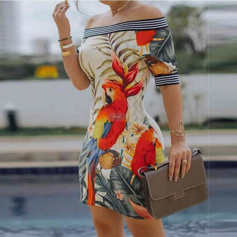 Eelegant Parrot Printed Dress Sexy Off na ramię kwiatowy krótki sukienka vintage w paski szatę femme 210521