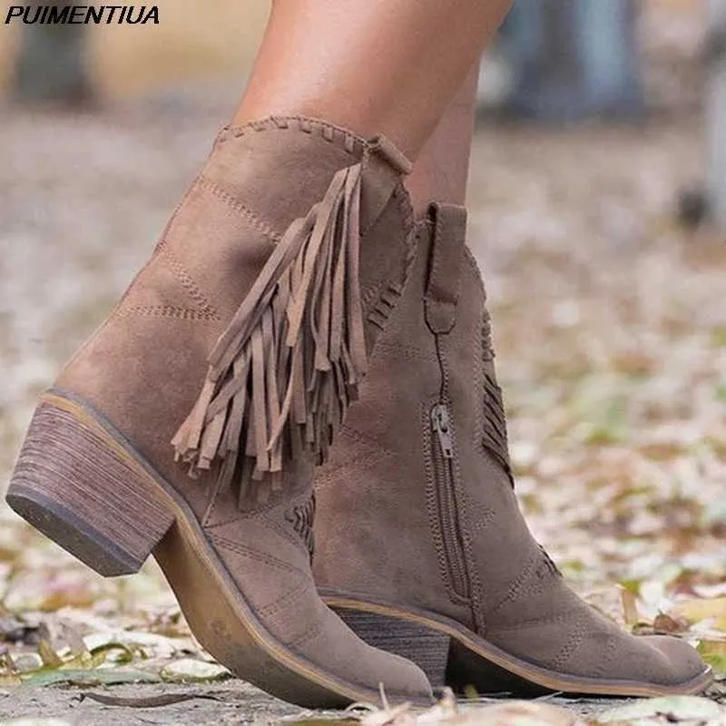 PUIMENTIUA Tassel Western Cowboy Boots for Women Leather Cowgirl Boots Low Heels Shoes Winter Boots Zapatos De Mujer Y0914