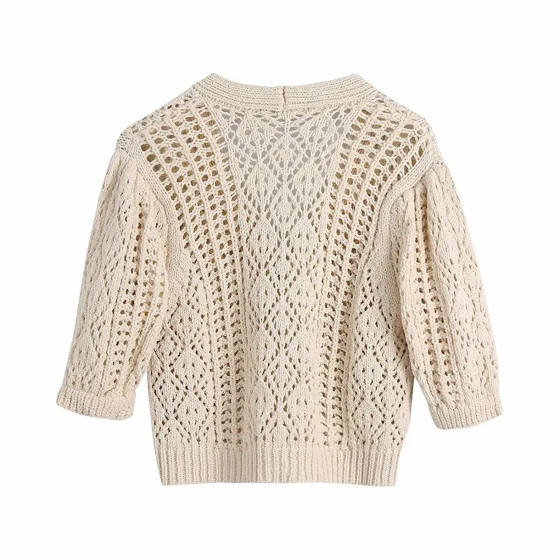 Vår sommar beige jacquard stickad beskuren cardigan kvinna tröja elegant kortärmad ruffle hem kvinnor toppar coats 210430