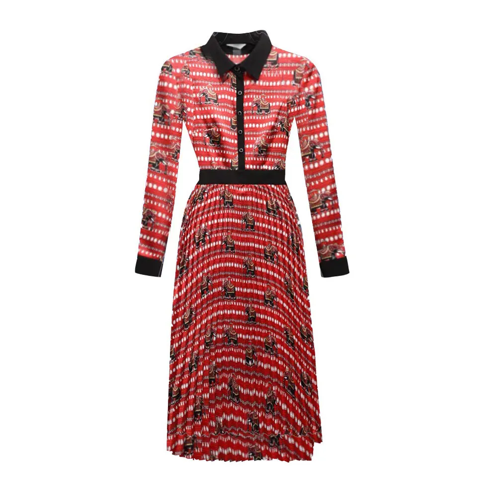 Elegante Midi-Kleider für Frauen, rot, plissiert, Tierpunkt, bedruckt, hohe Taille, Ärmel, Bürodame, Freizeitkleid, Robe Mujer 210421