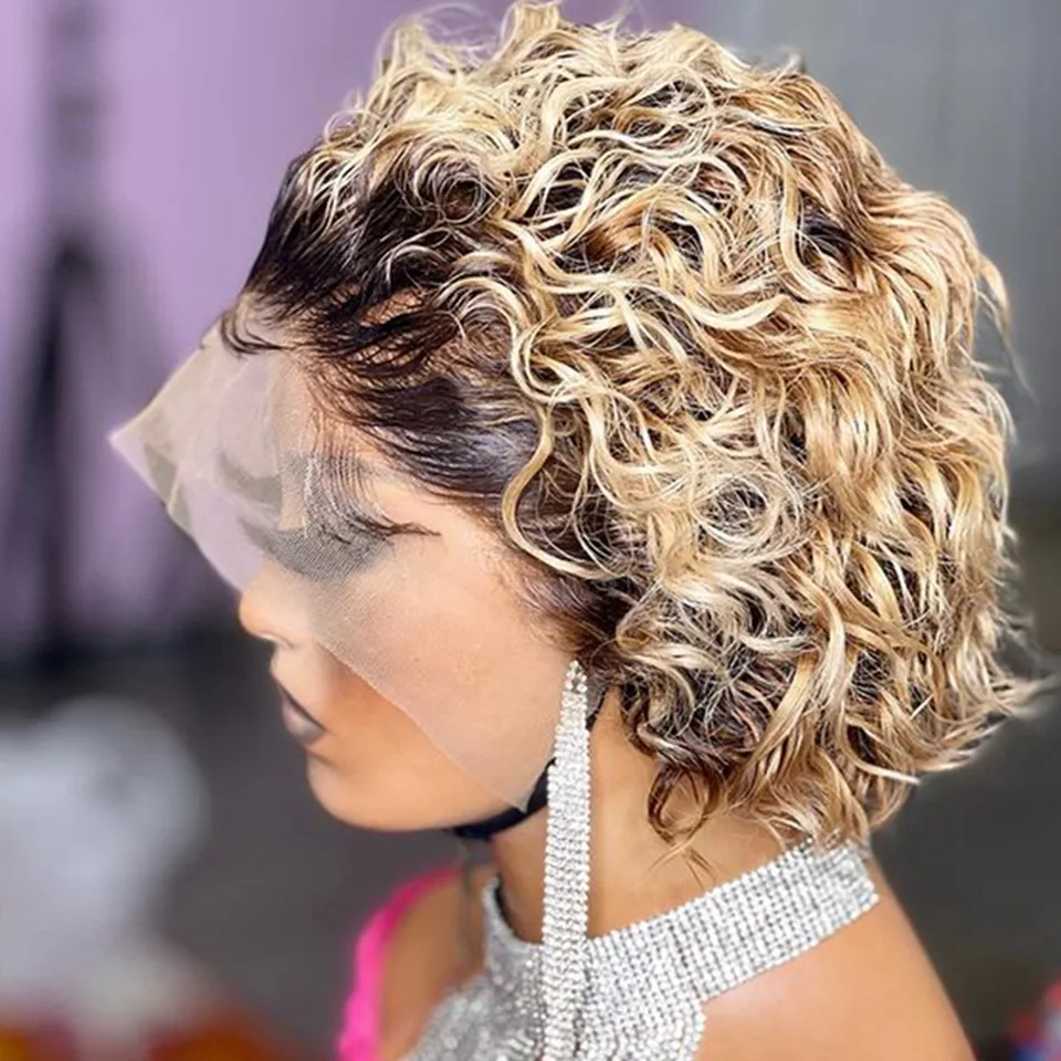 Honey Blonde Brazilian Human Hair Pixie Cut Wigs Short Bob 13X1 Pre Plucked 1b27 Ombre Curly Bob8501227