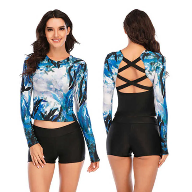 Sexy vendaje Surf Rashguard Traje de baño de manga larga Mujeres 2 piezas Traje de baño Pantalones cortos Deporte Traje de baño Ropa de playa Body Monokini 210604