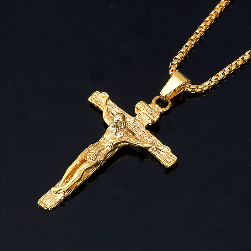 Collier pendentif unisexe en acier inoxydable pour hommes, croix chrétienne, Crucifix, jésus, Patron, avec chaîne Rolo, 2478