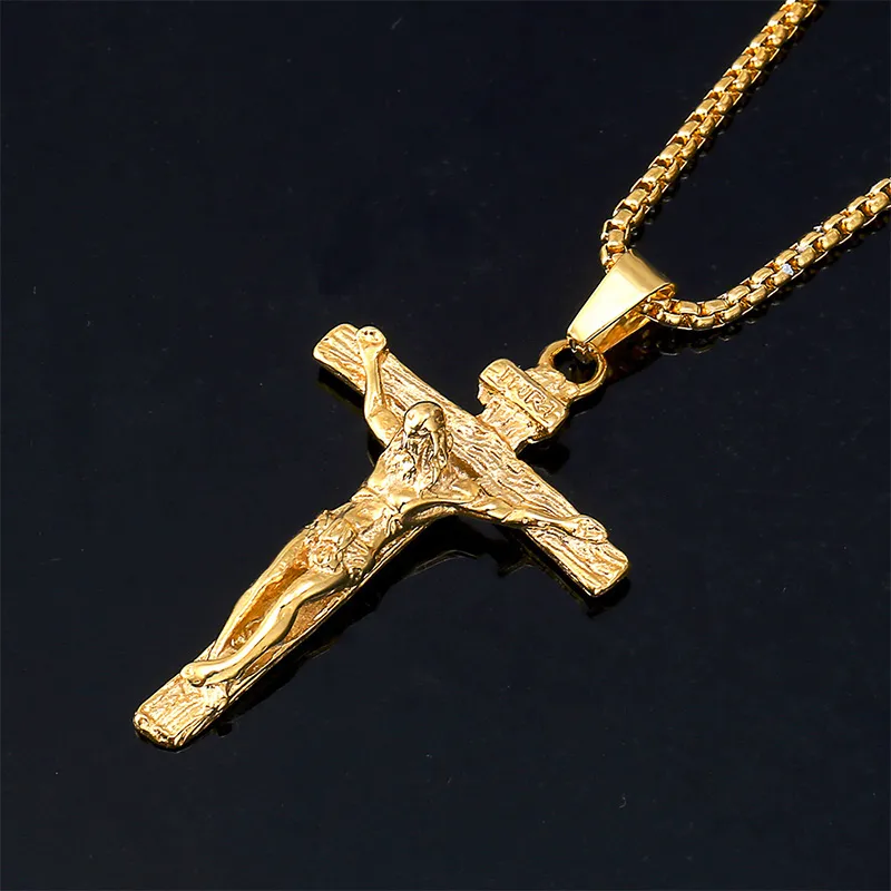 Unisex-Herren-Halskette mit Anhänger aus Edelstahl, christliches Kreuz, Kruzifix, Jesus, Schutzpatron, mit Rolo-Kette2478