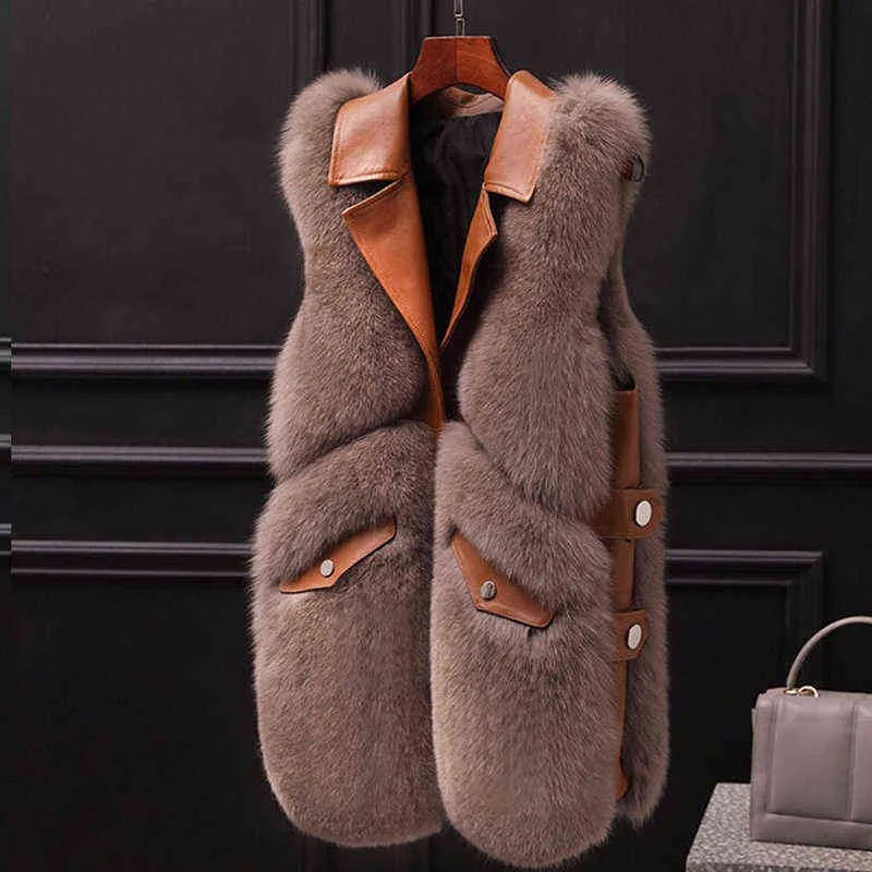 Femmes de haute qualité élégant sans manches fourrure Gilet mode chaud rétro épissé gilet simple boutonnage Gilet manteau Streetwear 211129