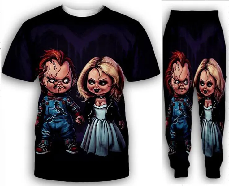 Atacado - 2022 Nova Moda Casual Filme de Terror Chucky 3D All Over Print Fatos de Treino T-Shirt+joggers Calças Terno Feminino Masculino @067