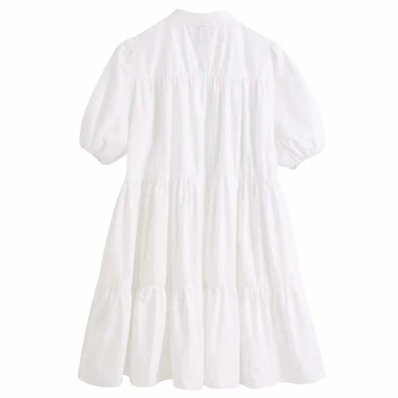 Femmes Simplement Solide Couleur Casual Chemise blanche Bureau Lady Puff Manches Plis Robes Chic Loisirs Big Swing Robes DS3438 210623