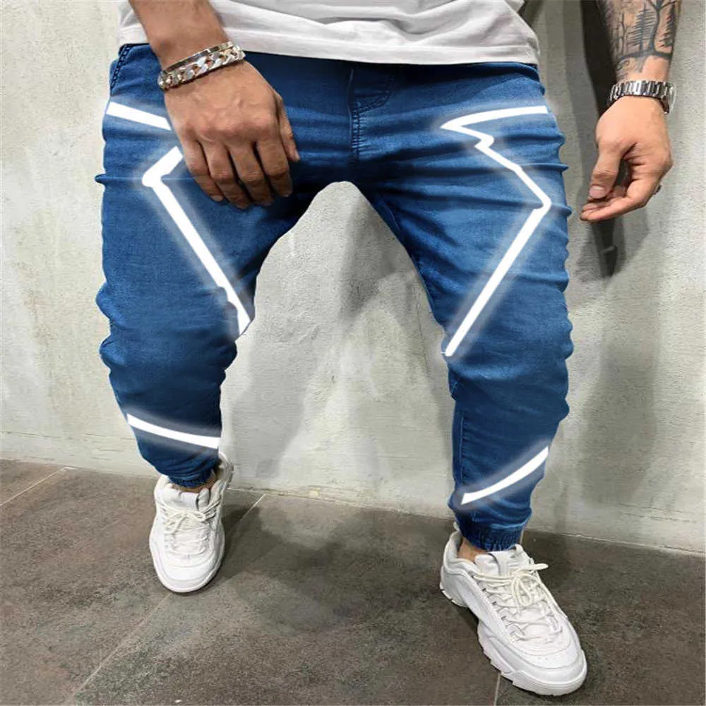 2021 new spring and summer men's jeans personality reflective hip-hop Europe and the United States high street pants large size X0621