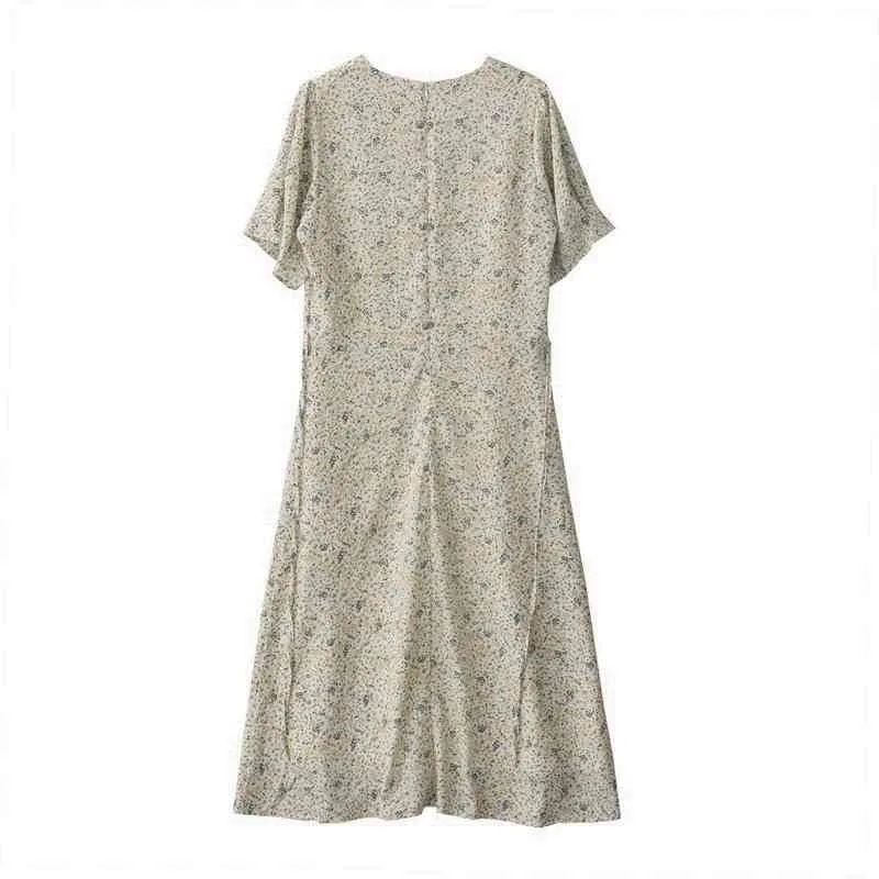 Kimutomo v-neck retro blommig klänning kvinnor fransk stil sommar kvinnlig elegant kortärmad smal midja spets upp vestidos 210521