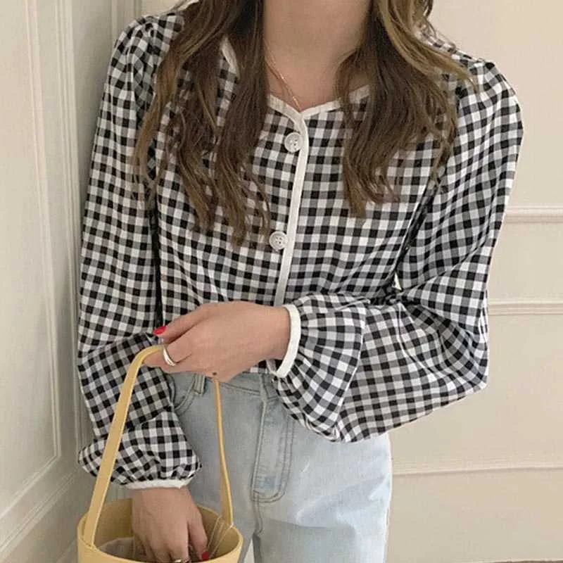 Korjpaa Kvinnor Skjorta Sommar Koreanskt Chic Girl Gentle Loose Single-Breasted Button Cream Plaid Round Neck Contrasting Blouses 210526