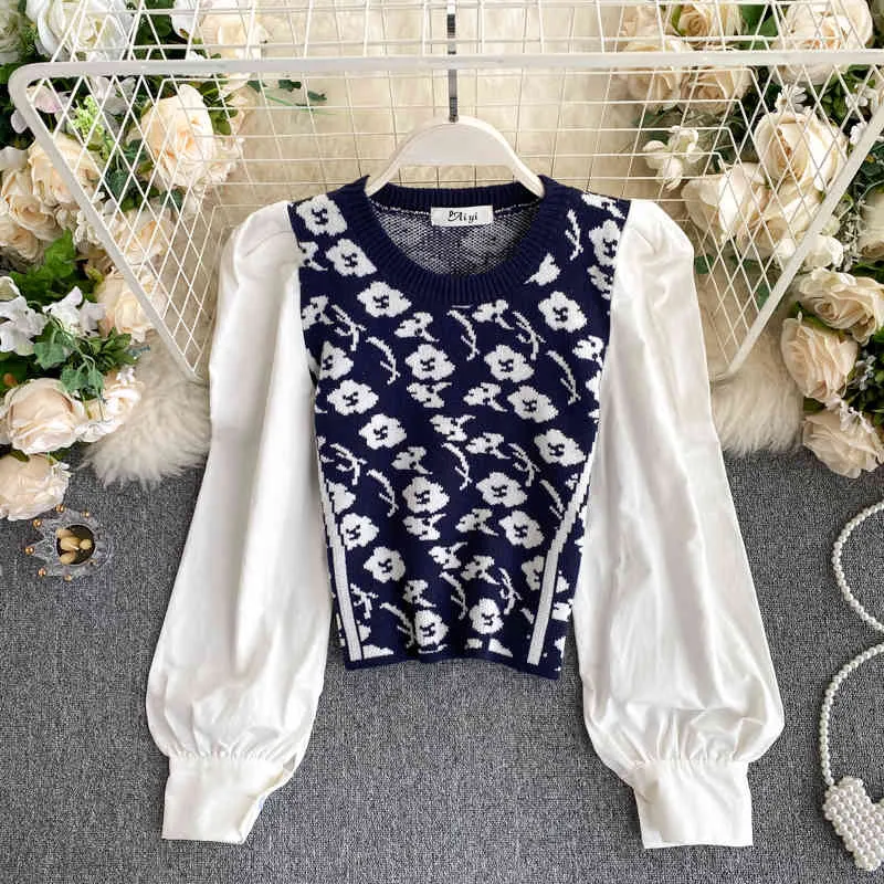 Korean Style Wear Western-Puffärmel-Oberteil, Damen-Herbst-Jacquard-Pullover-Bottom-Shirt UK136 210506