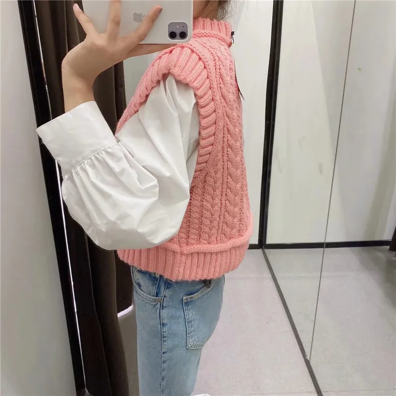 Giubbotto maglione a cavo rosa Donne vintage con maniche a maniche ad alta manica