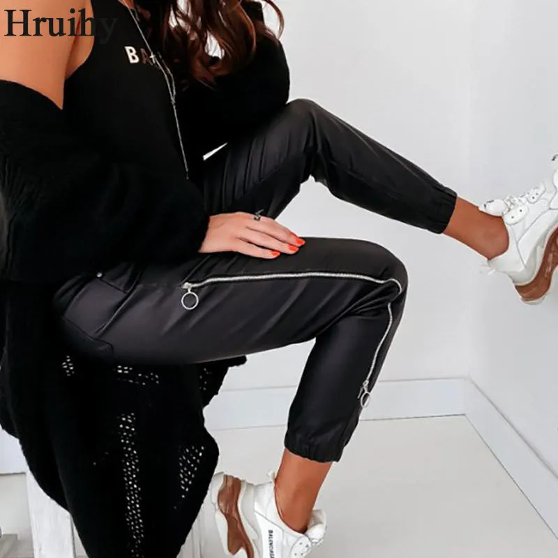 Pantalons Femmes Zipper Design Cordon Ruché PU Mid Pantalon Mode Femme Pantalon Long Automne Noir Casual Streetwear Femmes 210319