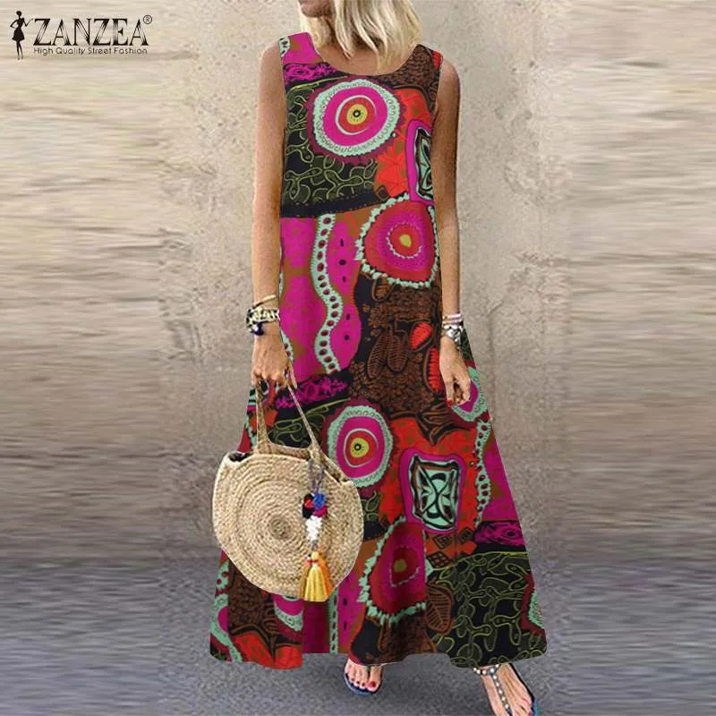 Zanzea Kobiety Czeski Kwiatowy Drukowane Maxi Długa Dress 2021 Lato Vintage Bez Rękawów Vestido Casual Luźne Plus Size Sundress X0521