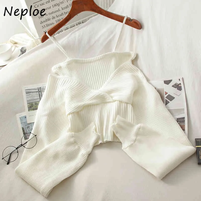 Neploe Fashion Fake 2 st Patchwork Sticka Camis Sweater Kvinnor Pullover Långärmad axelstopplös Pull Femme Spring Sueter 210423