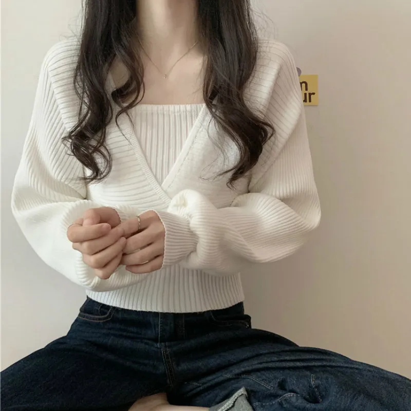 Ezgaga falso dois camisola jumper mulheres inverno primavera novo base coreano moda quadrado colarinho concurso de malha tops elegante pulôver 210430