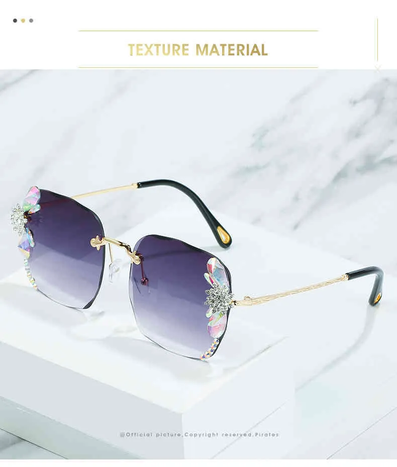 2022 Lyxmärke Design Vintage Rimless Rhinestone Solglasögon Kvinnor Mode Gradient Lens Sun Glasögon Skuggor För Kvinna UV400