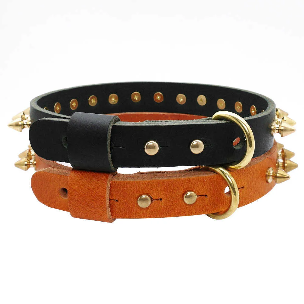 Cool Spiked Studded Dog Collar Genuine Leather Pet Dog Collars Adjustable For Medium Large Dogs Pitbull French Bulldog XS S M L 211006