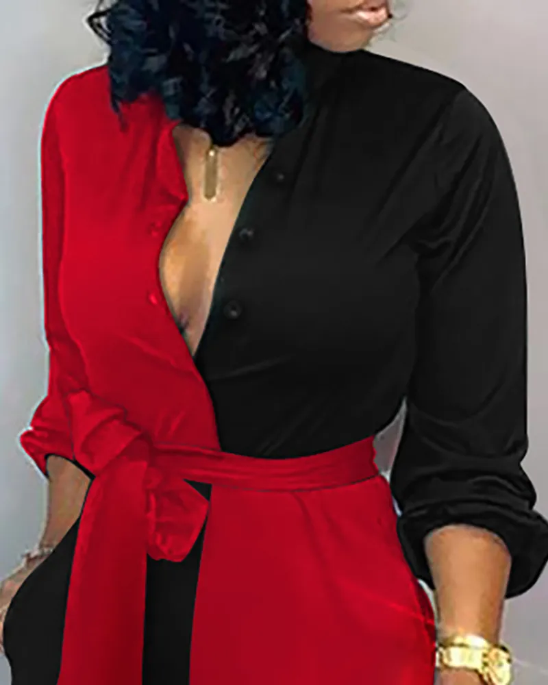 New Fashion Women Long Pagliaccetti Casual Tuta nera rossa Colorblock Tuta annodata a maniche lunghe 210326