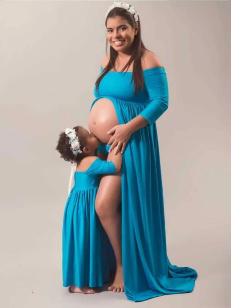 Coton Famille Correspondant Vêtements Maxi Robe Maternité Photographie Props Grossesse Femmes Fille Robes Mère et Fille Robe 2020 Y0924