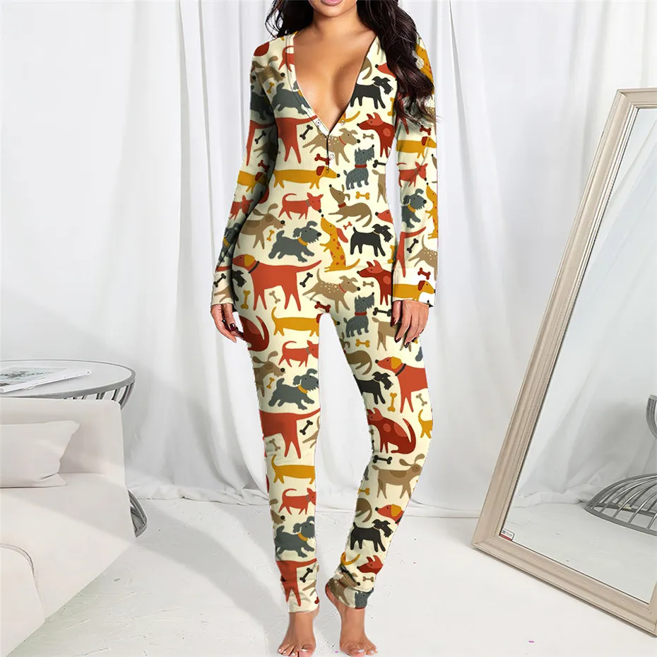 Bulk Womens Pajamas Rompers Jumpsuits Elegant Fashion Lovely Print Bodycon Skinny Long Sleeve V-neck Pullover Comfortable Clubwear Sleepwear K8341