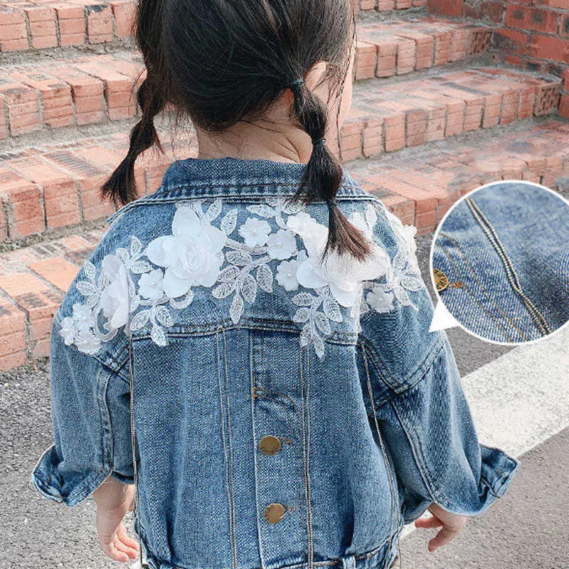 Lente en herfst denim jas Koreaans meisje kant losse korte casual topknop cardigan baby kinderen kledingg 210625