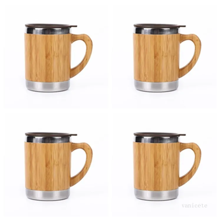 300ml Stainless Steel Bamboo Coffee Mugs with Handle and Lids Camping Water Bottles Eco Friendly Insulated Tea Travel Mug T2I51798