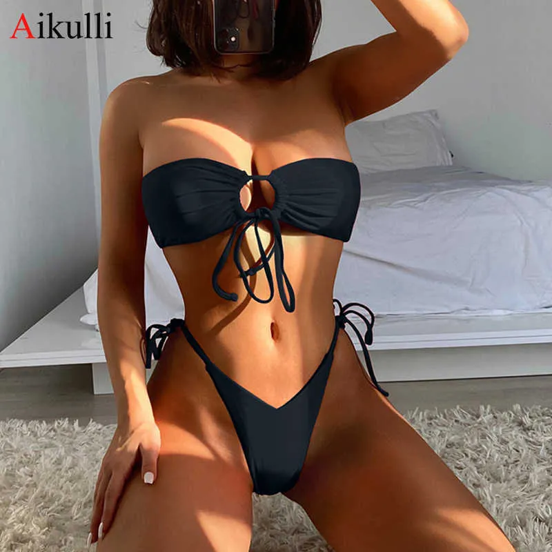 Sexy Tanga Bikinis Swimsuit Bandeau Swimwear Swimwear Out Bikini Set Push Up Brezilian Nadar Beachwear para Banheira 210722