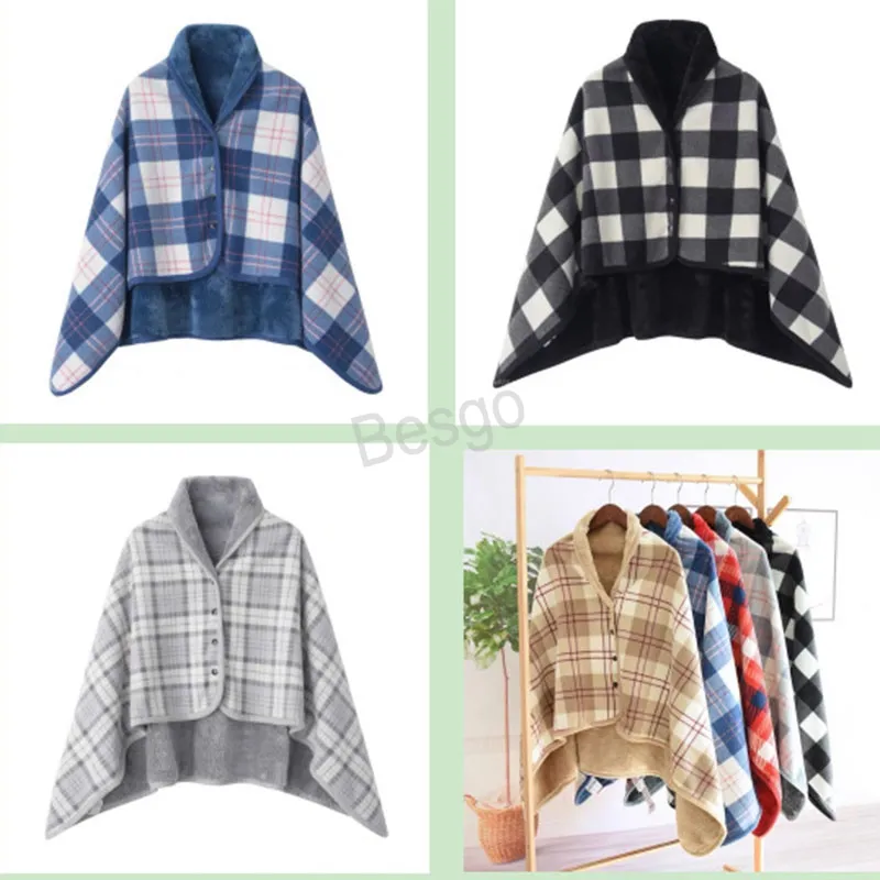 100*140cm Wearable Shawl Blankets Soft Polar Fleece Nap Keep Warm Blanket Apron Button Closure Grid Stripe Lattice Shawls BH5613 WLY