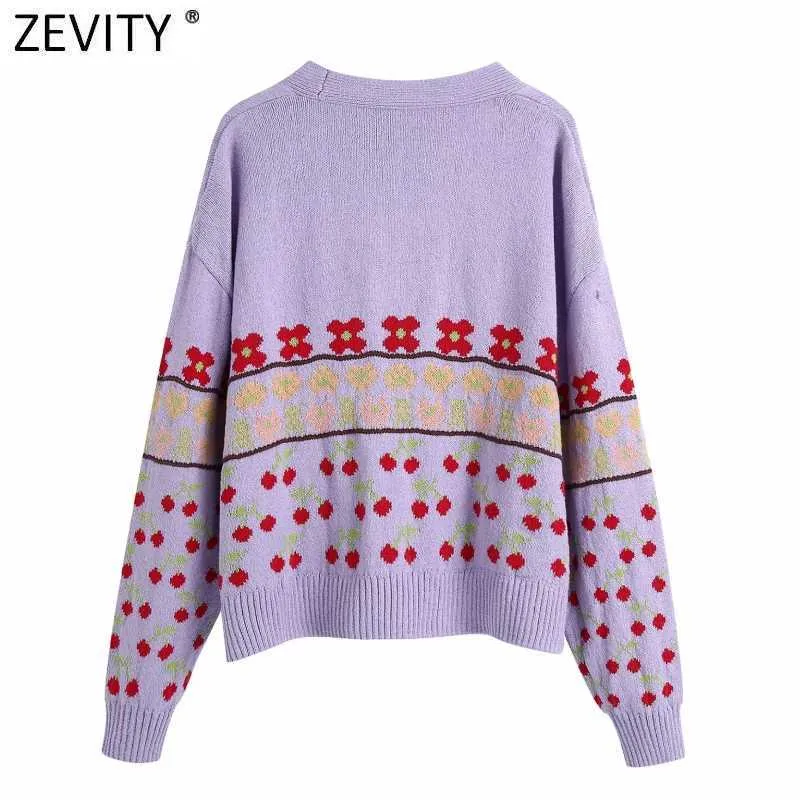 Zeefity Dames Sweet Cherry Print Open Stitching Gebreide Trui Vrouwelijke Chic Color Match Patchwork Losse Vesten Tops SW838 210603