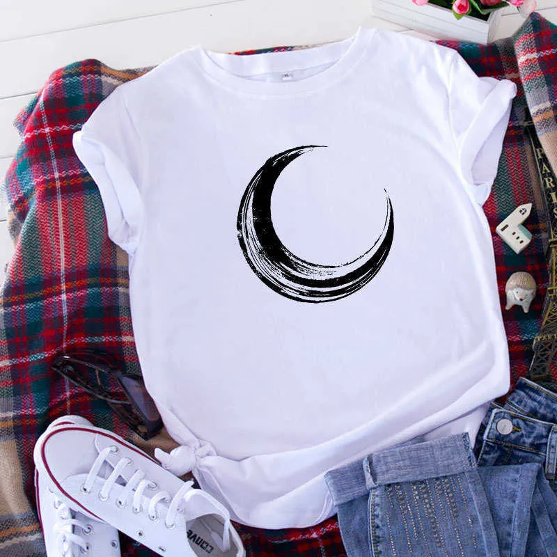 JCGO Summer T Shirt Women 100% Cotton Moon Planet Space Print Plus Size S-5XL O-Neck Short Sleeve Fashion Casual Tee Tops 210702