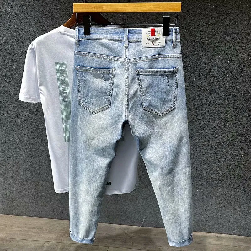 2021 Denim Jeans Uomo Primavera Marca Stretch Foro Coreano Stampa Ricamo 3D Ragazzi Adolescenti Studenti Harem Pantaloni Cargo