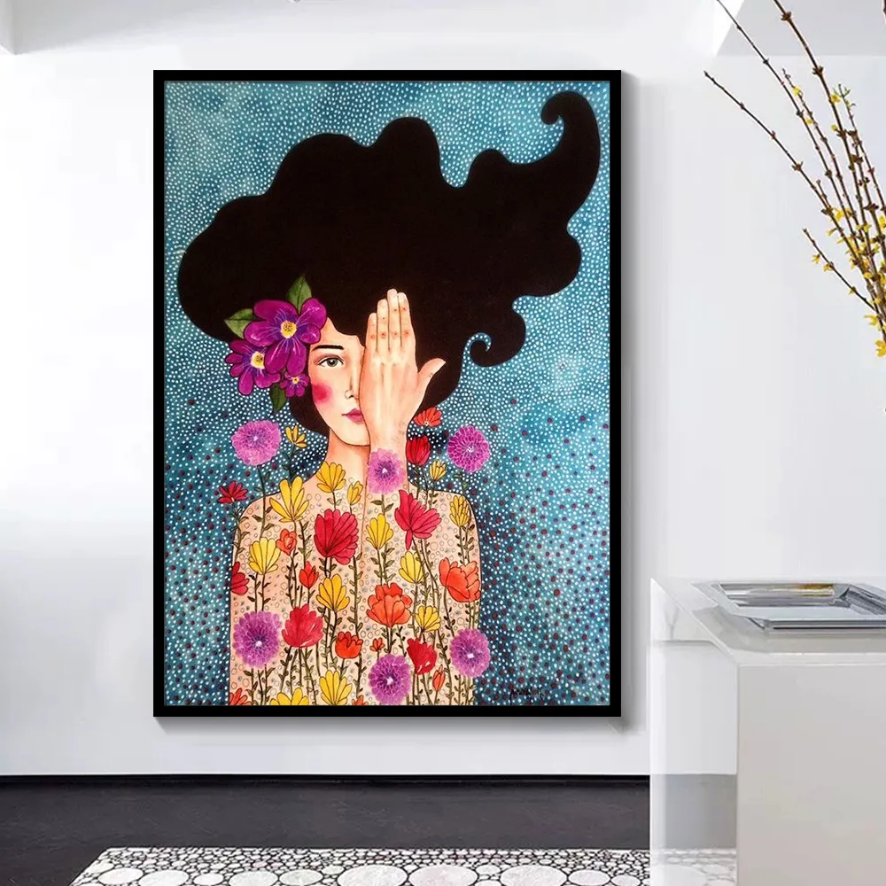 Abstract Flowers Girl Hair Wall Art Canvas Dipinto Bird Nordic Poster Art Stampe Muro Immagini soggiorno Vintage non Framed5428266