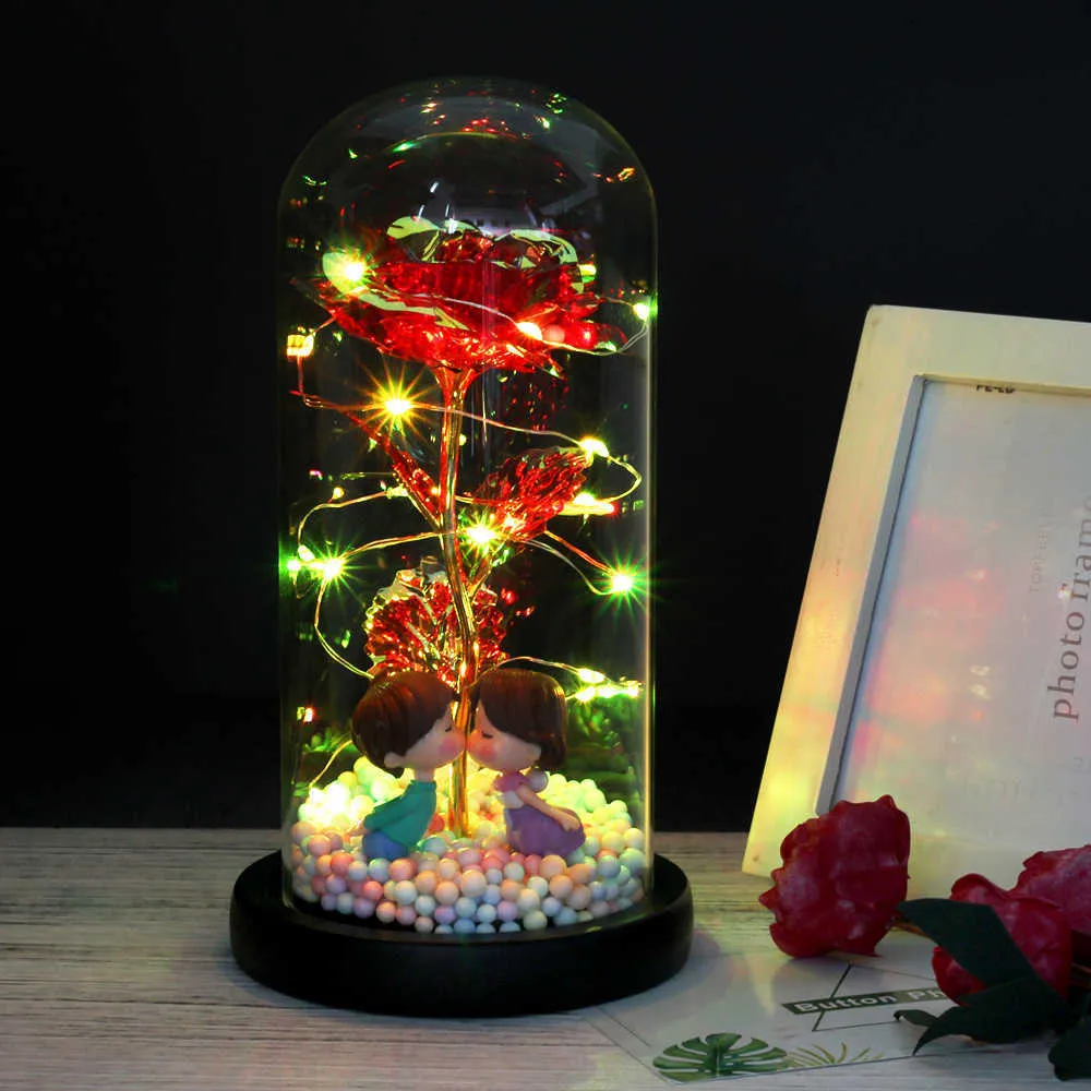 Eternal Rose Forever Beauty and Beast Rose in Flesk Led Rose Flower Light Glass Dome Mother Day Wedding Gift Home Decoratie Q0812
