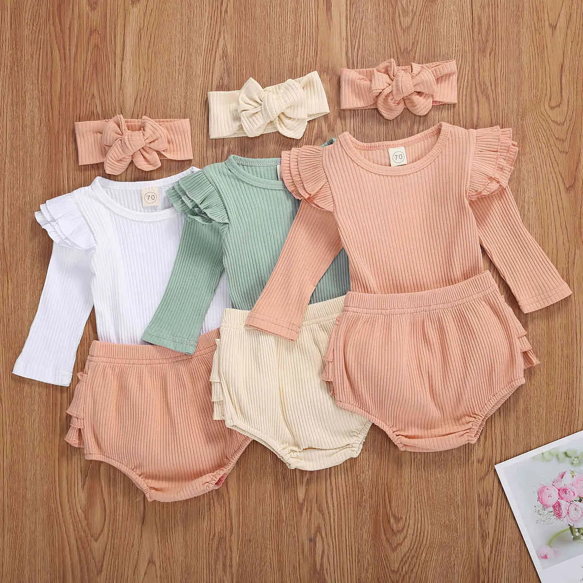 0-18m geboren baby baby meisjes gebreide kleding set zachte lange mouw romper ruches shorts bloomer herfst winter outfits 210515