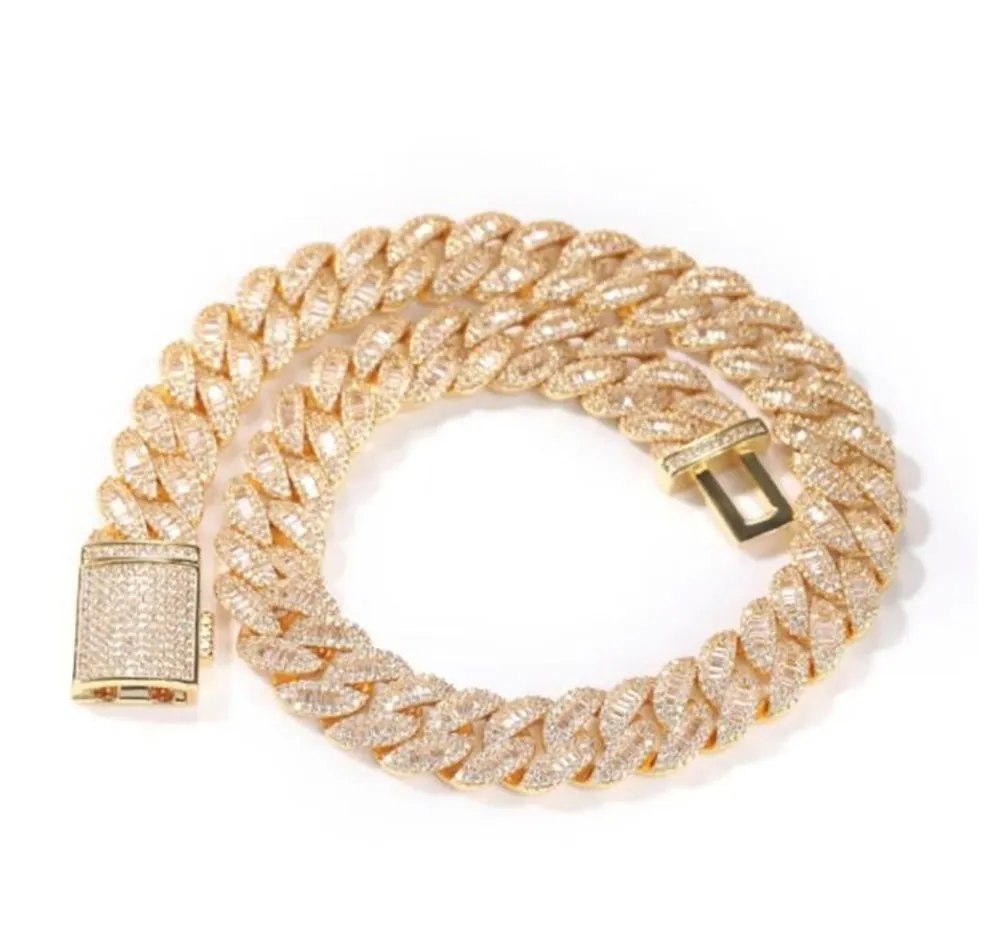 15 mm Baguette Cuban Link Kette Halskette Roségold Zwei-Ton-14k silberte Diamant Kubikzirkonias Schmuck 14inch-20inch2975