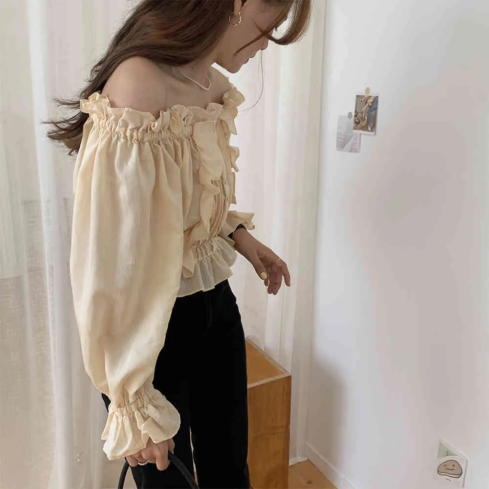 Zachte Ruches Slash Neck Office Lady Vintage Flare Mouwen Tops Retro Chic Losse All Match Streetwear Blouses 210525
