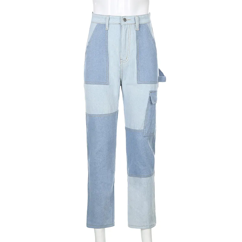 Bleu droit Y2K Jeans pour filles femme patché femmes mode Vintage Denim pantalon taille haute pantalon Harajuku Capris 210510