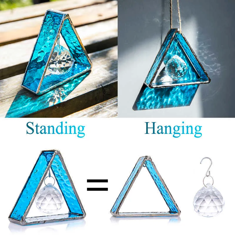 H&D Stained Glass Tripod Figurine Rainbow Maker Crystal Ball Prisms Window Hanging Suncatcher Paperweight for Home Decor 210804