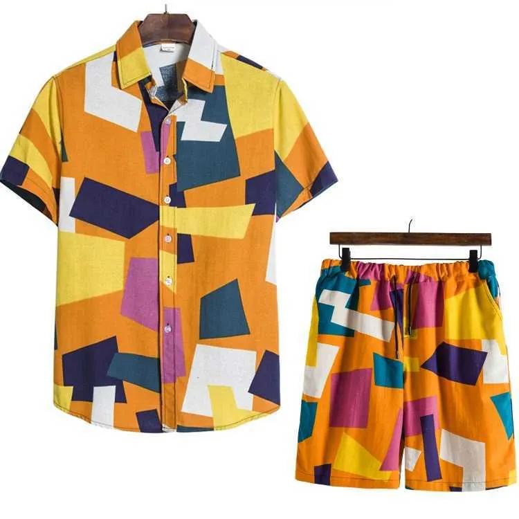 Hommes ensembles hawaïen imprimé fleuri chemise ensemble 2 pièces tenue + Shorts de plage tenue décontracté vacances costumes été mâle Streetwear 210603