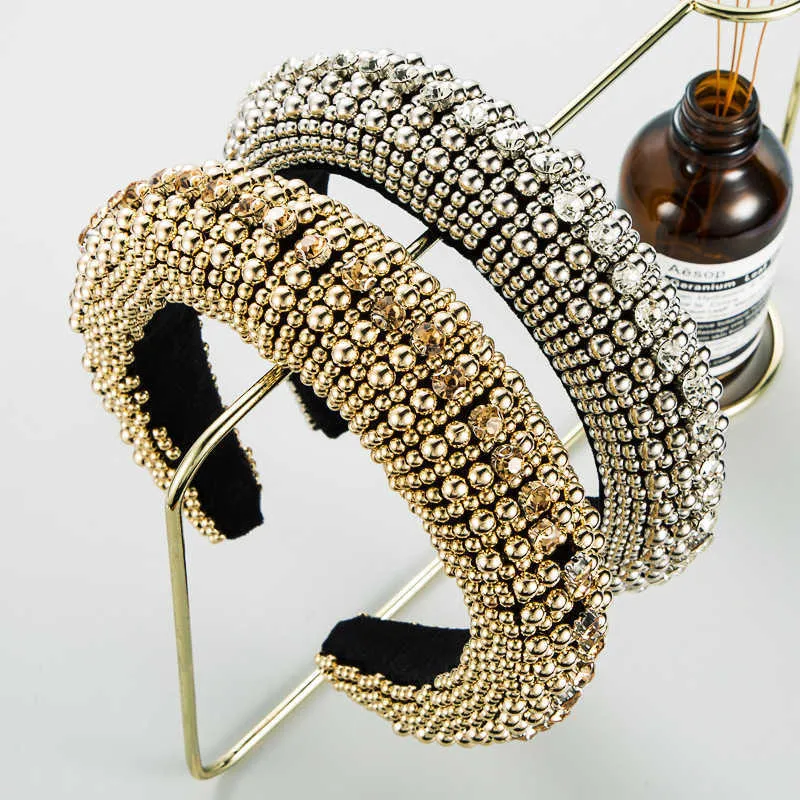 Luxury Baroque Handmade Full Gold Pearls Hairband Crystal Rhinestone Headband for Women Wedding Headwear Bridal Hair Accessories X0722