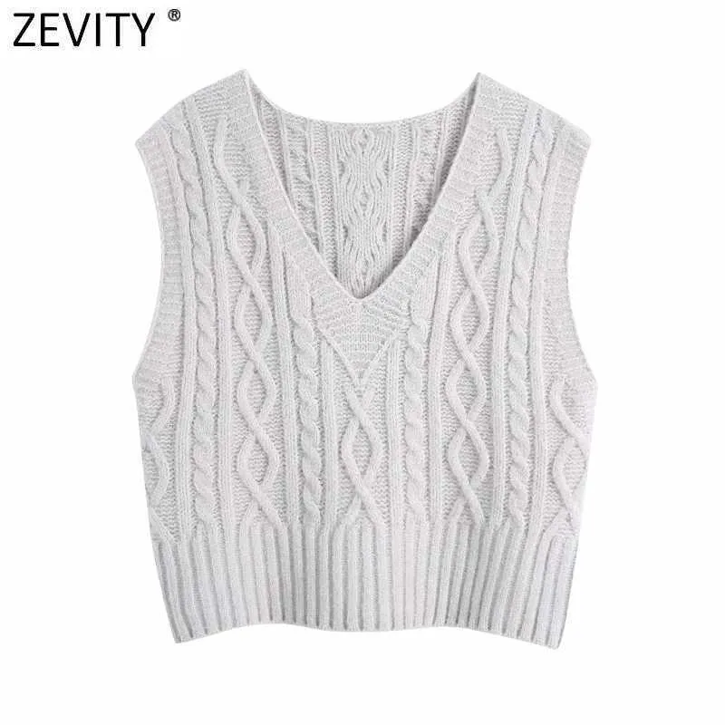 Zevity Women Vintage V Neck Twist Crochet Casual Knitting Sleeveless Vest Sweater Lady Chic Waistcoat Pullovers Jumper Tops S687 210603